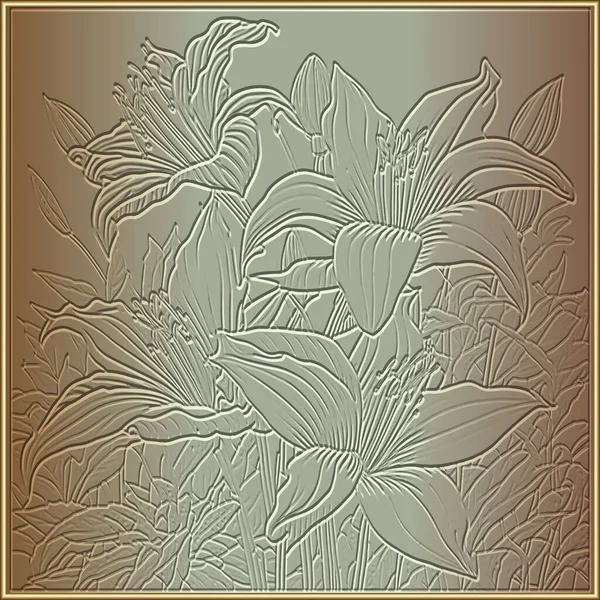 Gold Embossed Lines Floral Pattern Textured Golden Lily Flowers Relief — Stock Vector