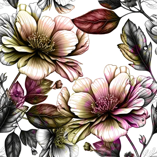 Handgezeichnete Schwarze Linien Florales Nahtloses Muster Tropisch Weiße Hintergrund Illustration — Stockvektor