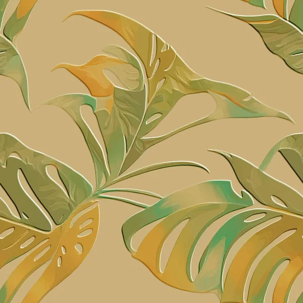 Leafy Fabel Emboss Seamless Pattern Tossed Green Yellow Plants Leaves — стоковый вектор