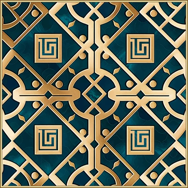 Мраморный Деко Синий Греческий Стиль Безseamless Узор Золотая Квадратная Рамка — стоковый вектор