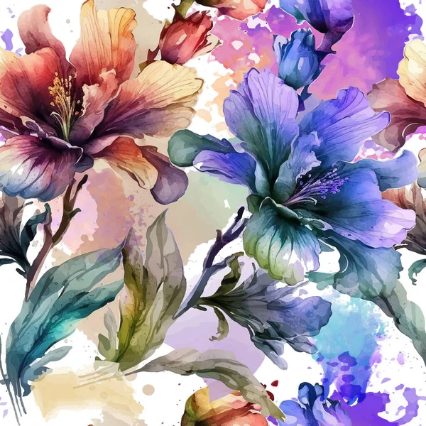 수채화아름다운 목부용 꽃들은 솔기없는 무늬를 지니고 더러운 손으로 그리는 페인트칠 — 스톡 벡터