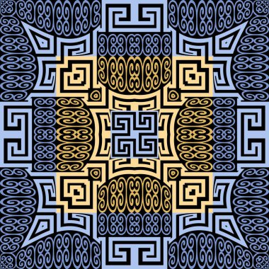 Yunan süslemeli geometrik dikişsiz desen. Modern model vektör arka planı. Kabile etnik tarzını tekrar edin. Kare çerçeveli, şekilli, sembollü, tabelalı renkli bir süs. Yunan anahtarı, avare.
