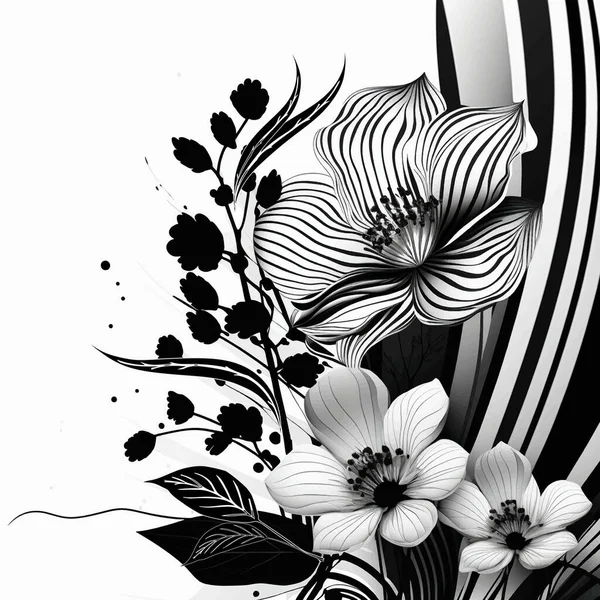 Negro Blanco Rayas Florales Vector Tropical Patrón Fondo Ilustración Con — Vector de stock