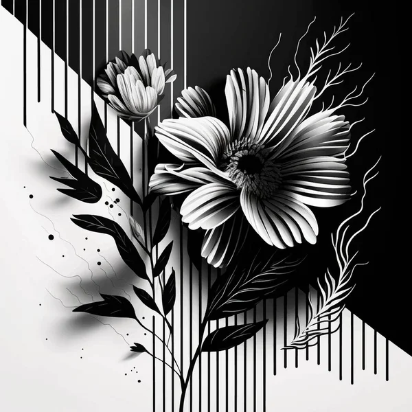 Schwarz Weiß Gestreifte Florale Tropische Vektormuster Hintergrundillustration Mit Schattierungen Und — Stockvektor