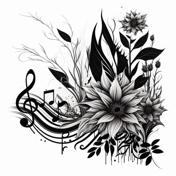 Schwarz Weiße Florale Noten Vektormuster Hintergrund Illustration Mit Schattierungen Blütenreihe — Stockvektor