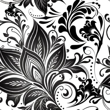 Çiçekli siyah beyaz desenli desenli desenler. Süslü vektör arkaplan çizimi. Folklorik stil arka planda tekrarlanıyor. Güzel soyut süsler. Klasik desenli çiçekler, yapraklar, noktalar. 