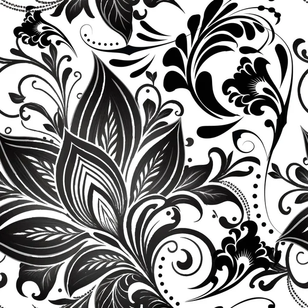 Padrão Sem Costura Paisley Étnico Floral Preto Branco Ilustração Fundo —  Vetores de Stock