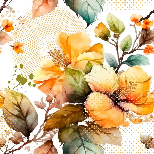 Gemalte Handgezeichnete Aquarell Gelben Hibiskus Blumen Nahtlose Muster Hintergrund Illustration — Stockvektor