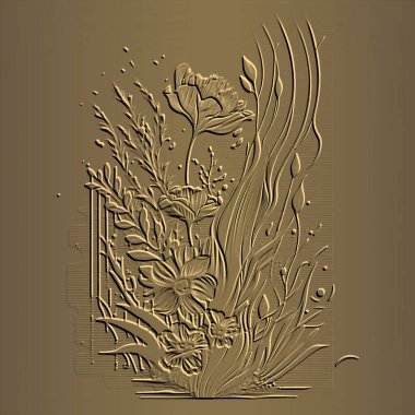 Kabartmalı 3D çiçek deseni. Çiçekli kabartmalı tropik altın arka plan. Modern rahatlama vektörü arkaplanı. Altın çiçekler, yapraklar, dalgalar, çizgiler. Sanatsal el tropik yüzey bitkilerini çizdi.