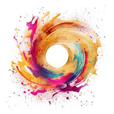 Suluboya spiral sıçrama lekesi fırça darbeleri beyaz arka planda. Modern canlı akvaryum lekesi. Girdap. Beyazın parlak, izole tasarımı. Element. Vektör suluboya çizimi.