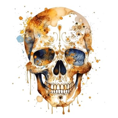 Süslü kafatası. Suluboya el desenli kafatası, çiçekler, lekeler, sıçramalar ve çiçekli süslemeler. Kabile etnik sanat tarzında yaratıcı kafatası deseni. Beyaz arkaplanda izole.