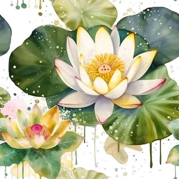 Akvarell Vackra Lotus Blommor Sömlös Mönster Smutsiga Fläckig Akvarell Vektor — Stock vektor