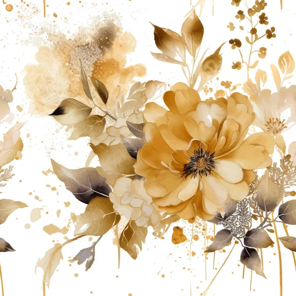 Aquarell Schöne Goldene Blumen Nahtlose Muster Schmutzige Aquarell Vektorhintergrund Handgezeichnete — Stockvektor