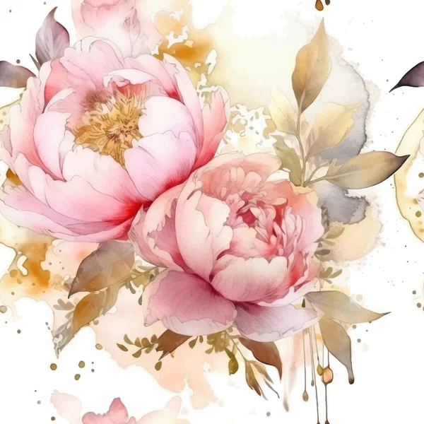 Акварель Красиві Рожеві Півонійні Квіти Безшовний Візерунок Брудний Плямистий Акварельний — стоковий вектор