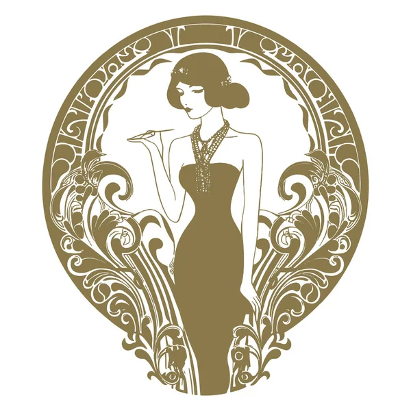 Silhouette Donna Circondata Fiori Vintage Stile Liberty Vector Gold Bella — Vettoriale Stock