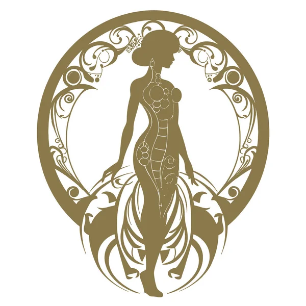 Silhouette Donna Circondata Fiori Vintage Stile Liberty Vector Gold Bella — Vettoriale Stock