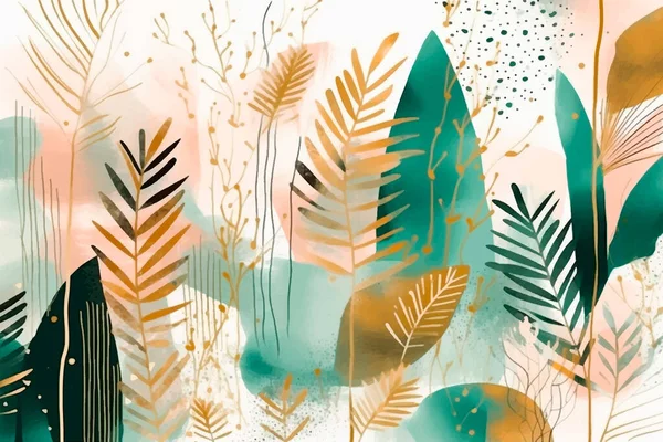 Watercolor abstract botanic tropical pattern with exotic flowers, leaves.  Vector dirty background. Floral pattern. Fashion trendy abstract arrangements with tropical colorful plants. leaf. spots.
