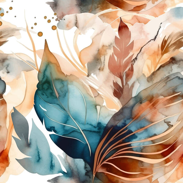 Watercolor painted floral seamless pattern. Dirty spotty watercolor vector background. Hand drawn paint flowers, leaves. Modern artistic leafy tropical ornament. Endless grunge ornate texture.