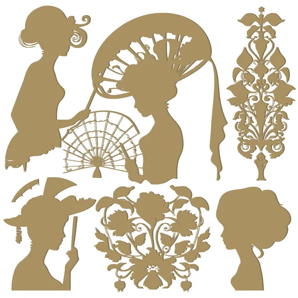 准备好了戴着帽子的女人轮廓环绕着古色古香的花朵 形成了新艺术风格 白色背景上的矢量黄金美女轮廓 老式复古风格的孤立装饰设计 — 图库矢量图片#