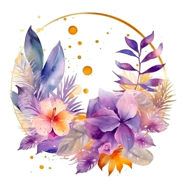水彩花花环 美丽的花朵画出五彩斑斓的花纹 色彩艳丽的圆形花环 背景为紫色 背景为白色 孤立的艺术设计 — 图库矢量图片
