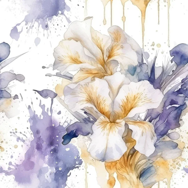 Aquarell Schöne Irisblüten Nahtloses Muster Schmutzige Fleckige Aquarell Vektorhintergrund Handgezeichnete — Stockvektor