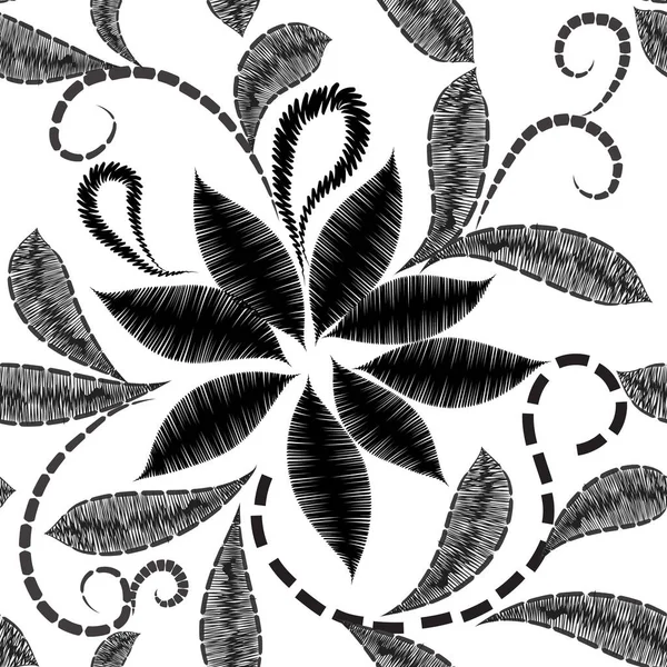 Tapisserie Texturée Motif Floral Sans Couture Broderie Noir Blanc Lignes — Image vectorielle