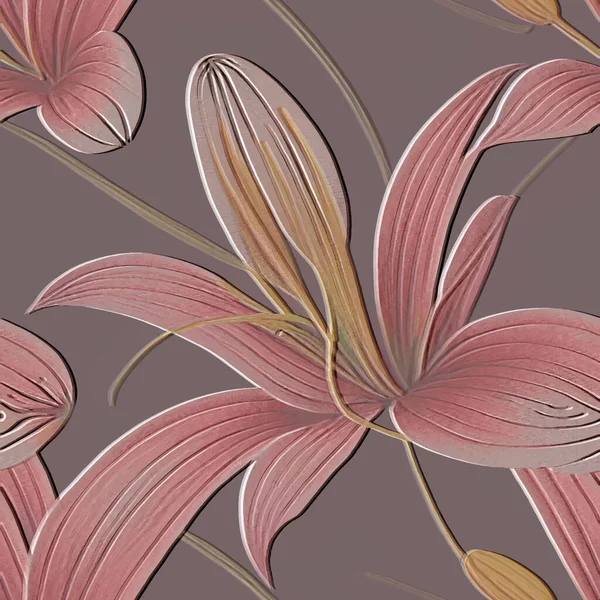 Лілії Тропічні Квіти Лілії Текстуровані Безшовний Візерунок Квітковий Рельєфний Фон — стоковий вектор