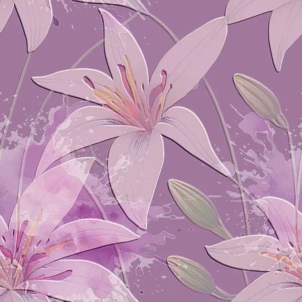 3D百合花 热带百合花结构3D无缝图案 花香点缀了肮脏的背景 救济背景 带有水彩斑斑的手绘表面热带饰物 — 图库矢量图片