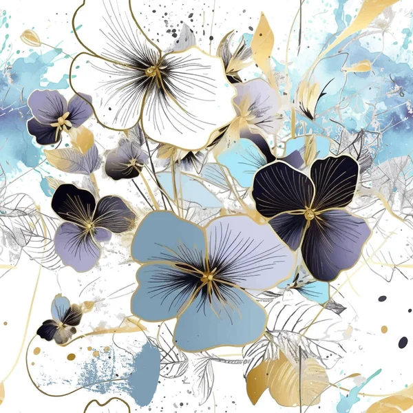 Трусишки Акварель Красивые Цветущие Голубые Цветы Бесшовный Узор Грязный Акварельный — стоковый вектор