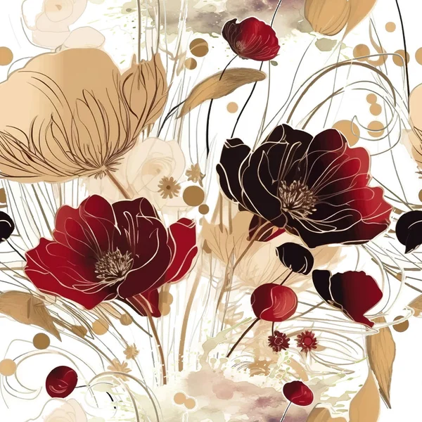 Aquarell Schöne Blüten Roten Mohn Blumen Nahtlose Muster Schmutziger Aquarell — Stockvektor