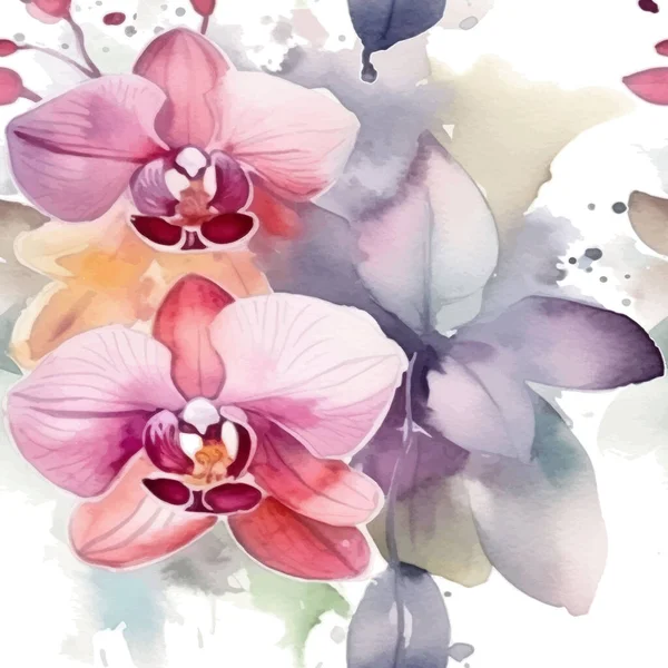 Akvarell Vacker Blomma Orkidé Blommor Sömlös Mönster Smutsig Akvarell Bakgrund — Stock vektor