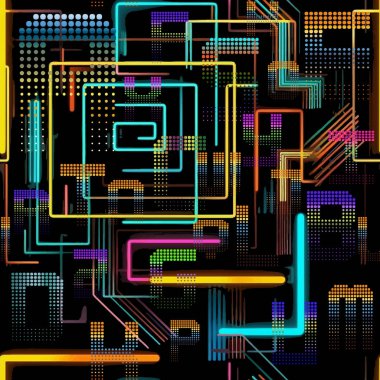 Neon ABC renkli parlak harfler pürüzsüz desen. Vektör yarım ton neon harfleri daire çiziyor. Flüoresan çizgileri, geometrik şekilleri olan modern moda arka plan. Parlak dijital yineleme süslemeleri.