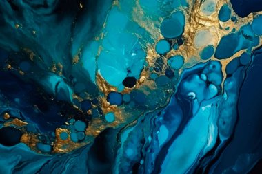 Lüks güzel akrilik akışkan sanat 3D vektör arkaplan. Sıvı su desenli desenli süs, yüzey dalgalı çizgiler, altın simler. Modern dekoratif dekoratif tasarımlar mavi altın rengi.