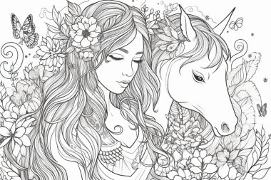 Çizgiler küçük bayan bayan kadın ve at. Çizgi sanatı güzel küçük peri deseni çiçekler, yapraklar, kelebekler. Çizgi sanatı sihirli vektör arka planı. Siyah beyaz renklendirme kitabı arkaplanı. 