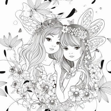 Şirin çizgi film. Çiçekli, yapraklı, kelebekli iki küçük peri deseni. Çizgi sanatı sihirli vektör arka planı. Siyah beyaz boyama arkaplanını tekrar et. İki küçük güzel kız.