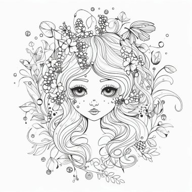 Çiçekli, yapraklı küçük sevimli çizgi film deseni. Çizgi sanatı sihirli vektör arka planı. Siyah beyaz boyama kitabı arkaplanı. Büyük gözleri ve çilleri olan küçük, güzel bir kız. Bebek. Element