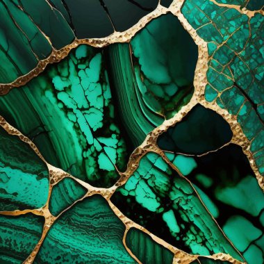 Mozaik. Malachite. Akrilik akışkan sanat 3D vektör arkaplan. Zümrüt yeşili mermer desenli, yüzey dalgalı çizgileri olan, altın parıltılı desenli süs. Yeşil altın rengi dekore edilmiş moda tasarımı.
