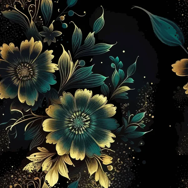 Floral Luxus Nahtlose Muster Goldgrün Blühen Glänzende Blumen Vektor Hintergrund — Stockvektor