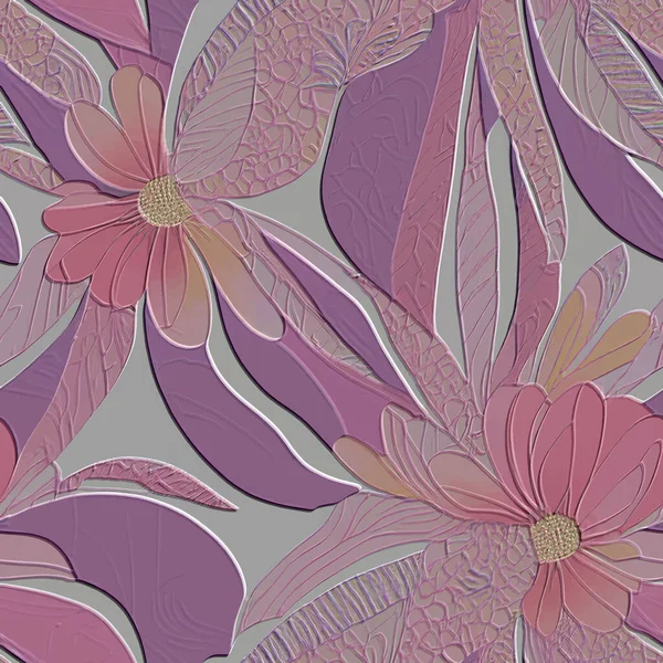 3d embossed exotic flowers seamless pattern. Textured tropical relief floral background. Repeat emboss backdrop. Surface flowers, leaves. 3d line art blossom flowers ornament with embossing effect.