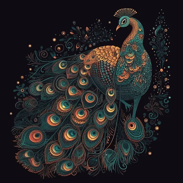 装飾的な美しいロイヤルクジャク 民族スタイルのカラフルな鮮やかな孔雀の鳥 多色エキゾチックなロイヤルクジャクの鳥とベクトル華やかな黒の背景イラスト ペイズリー柄の尾 — ストックベクタ
