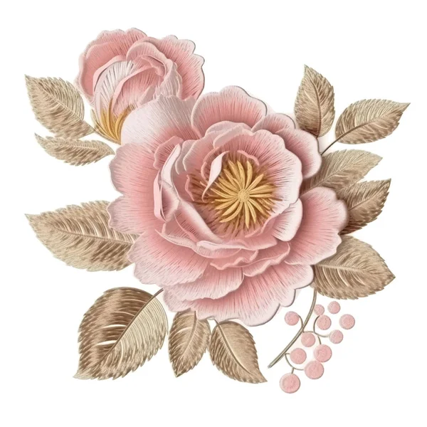 Ramo Flores Rosas Flores Rosas Bordadas Hojas Oro Bordado Floral — Vector de stock