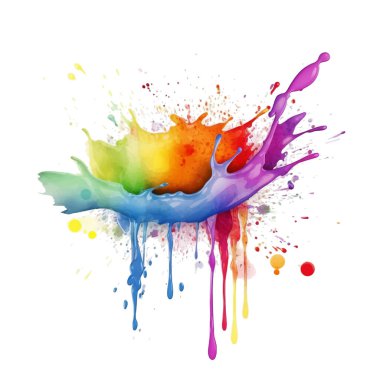 Akan renkli suluboya sıvısı lekeler sıçrama lekesi fırça darbeleri beyaz arka planda sıvı. Kova lekesi. Gökkuşağının renkleri beyaza izole edilmiş. Element. Vektör suluboya çizimi.