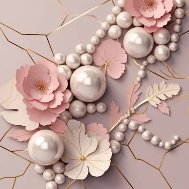 3d jewelry beautiful pattern background illustration with 3d pearls, necklace, paper cut surface flowers leaves in pink pastel colors. Gold lines mosaic style background. Ornate luxury design. clipart