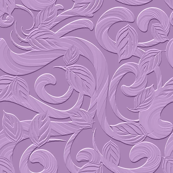 テクスチャされた3Dの葉と渦状のシームレスなパターン 花のエンボス加工の葉のピンクの背景 現代的な背景を把握しなさい ラインアートの花 アブストラクト手描き表面レリーフ植物無限の3D装飾 — ストックベクタ