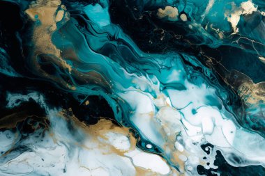 Suluboya akrilik sıvı sanat Deco vektör desen arka planı. Sıvı desenli lüks desenli, yüzeysel dalgalı çizgiler, altın parıltılı süsler. Mavi turkuaz renklerde modern moda deign.