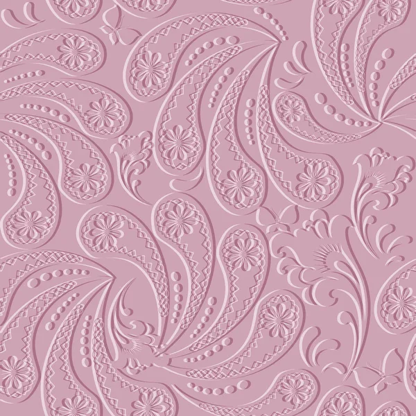 テクスチャエンボス3D民族ペイズリーシームレスパターン 花のエンボスピンクの背景 現代的な背景を把握しなさい ラインアートの花 アブストラクト手描き表面救済無限の3Dペイズリー装飾 — ストックベクタ