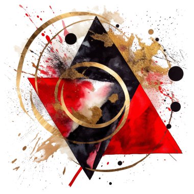 Beyaz arka planda altın parıltısı olan soyut sanatsal kırmızı üçgenler. Suluboya sıçrayan lekeler geometrik süsler. Soyut düzenleme. Modern moda desenli tasarım.