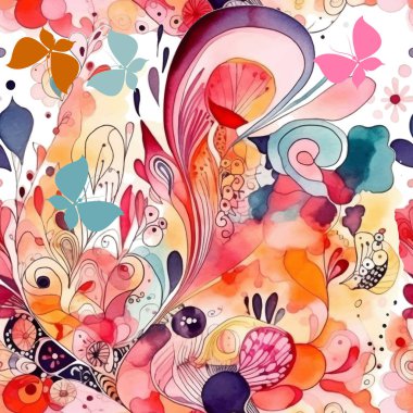 Suluboya Yaz Çiçekleri Kelebekler Kelebek çizgileri kusursuz desenler çiziyor. Renkli karalamalar çiçek süsleri. Boyalı el çizimi kirli vektör arkaplanı. Suluboya çiçekleri yapraklar, kelebekler.