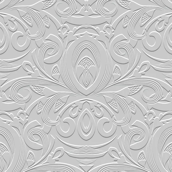 テクスチャヴィンテージエンボス3Dラインダマスクホワイトシームレスパターン 花のエンボス民族の背景 グランジ華やかな背景 ラインアートの花 手描きの表面レリーフ3Dペイズリー装飾 — ストックベクタ