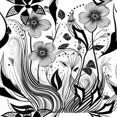 Siyah ve beyaz karalama çizgileri çiçeksiz desenli. Güzel el çizimi çiçek vektör arka planı. Çizgiler çiziyor çiçekler, yapraklar, noktalar. Çizgi çizimi çiçek süsü. Etnik biçim tasarımı.